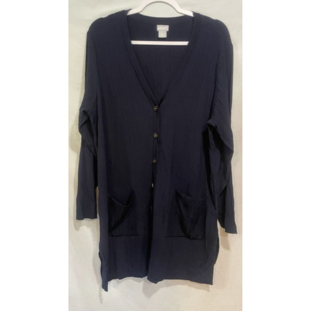 Chico's 3 Navy Blue Ribbed Button Front Pockets Long Cardigan